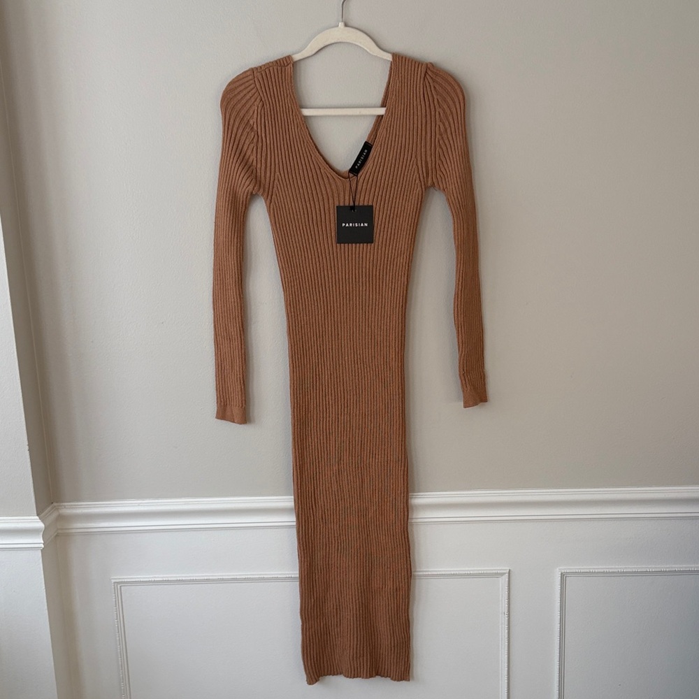 Parisian Tan Ribbed Knit Long Sleeve V Neck Dress. Made In Italy